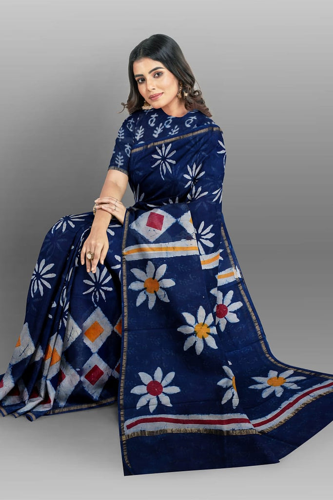 Royal Blue Bagru Printed Pure Chanderi Silk Sarees