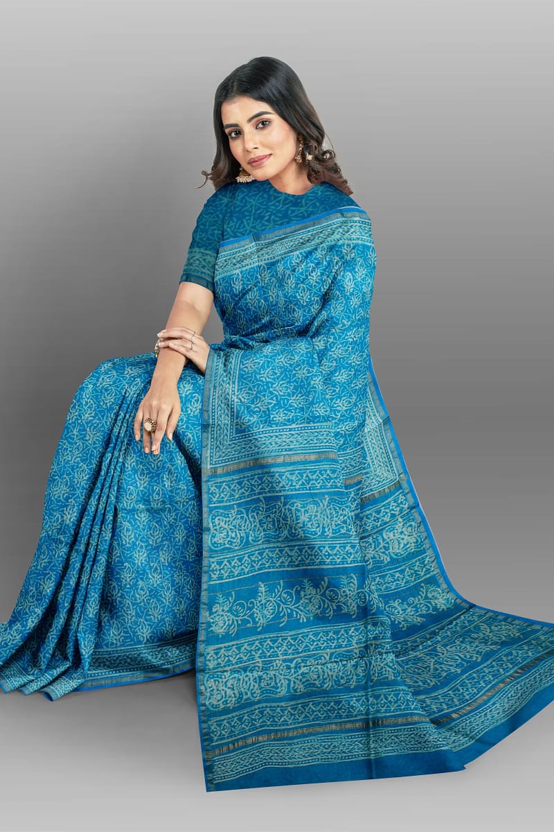 Beige Sky Blue Bagru Printed Pure Chanderi Silk Sarees