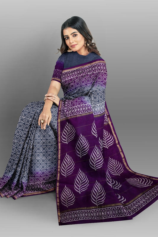 Beige Violet Bagru Printed Pure Chanderi Silk Sarees