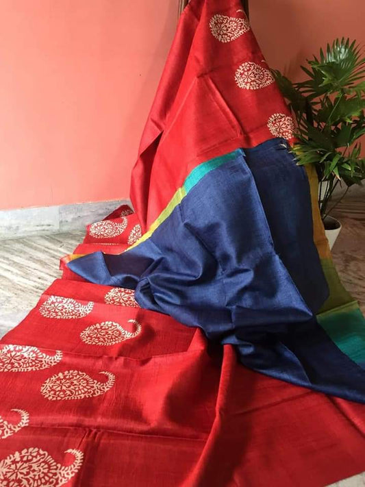 Beige Red And Blue Block Printed Pure Silk Mark Certified Bishnupuri Silk Sarees