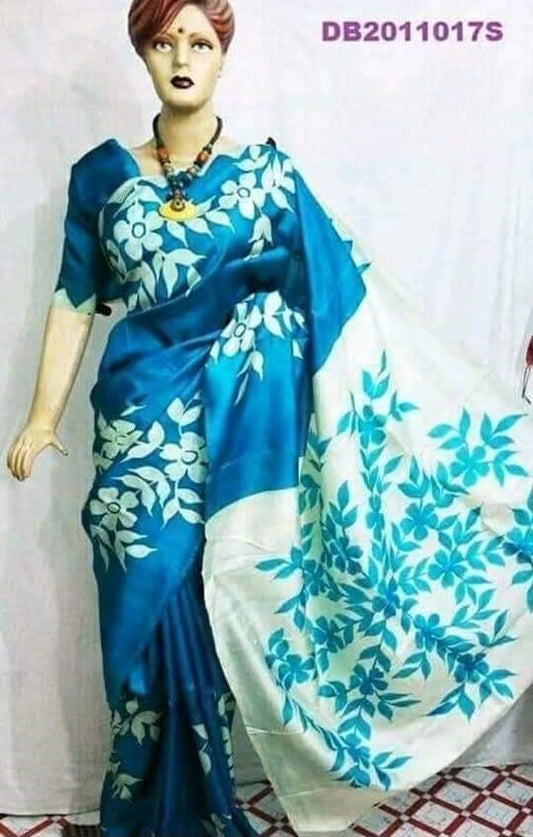 Asmani Blue And White Hand Painted Pure Silk Mark Certified Bishnupuri Silk Sarees