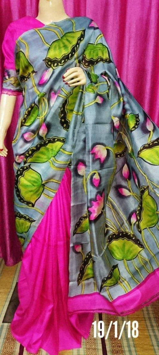 Pink And Green Hand Painted Pure Silk Mark Certified Bishnupuri Silk Sarees