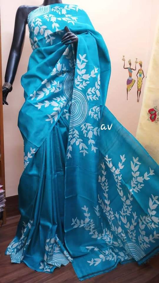 Sky Blue Hand Printed Pure Silk Mark Certified Bishnupuri Silk Sarees