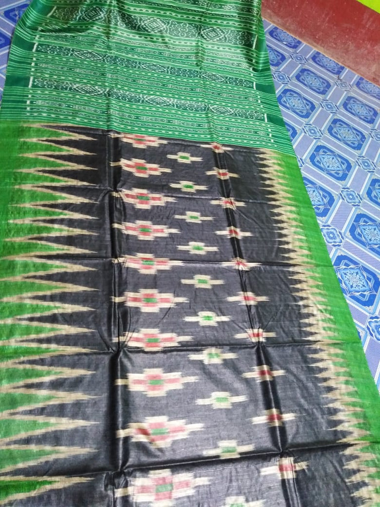 Black And Green Sambalpuri Pure Silk Mark Certified Tussar Ghicha Silk Sarees