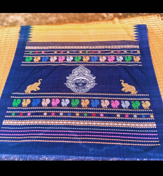 SunFlower Yellow And Royal Blue Designer Sambalpuri Pure Silk Mark Certified Tussar Ghicha Silk Sarees