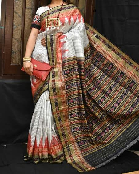 Beige MultiColour Sambalpuri Pure Silk Mark Certified Tussar Ghicha Silk Sarees