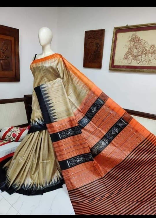 Beige Orange Sambalpuri Pure Silk Mark Certified Tussar Ghicha Silk Sarees