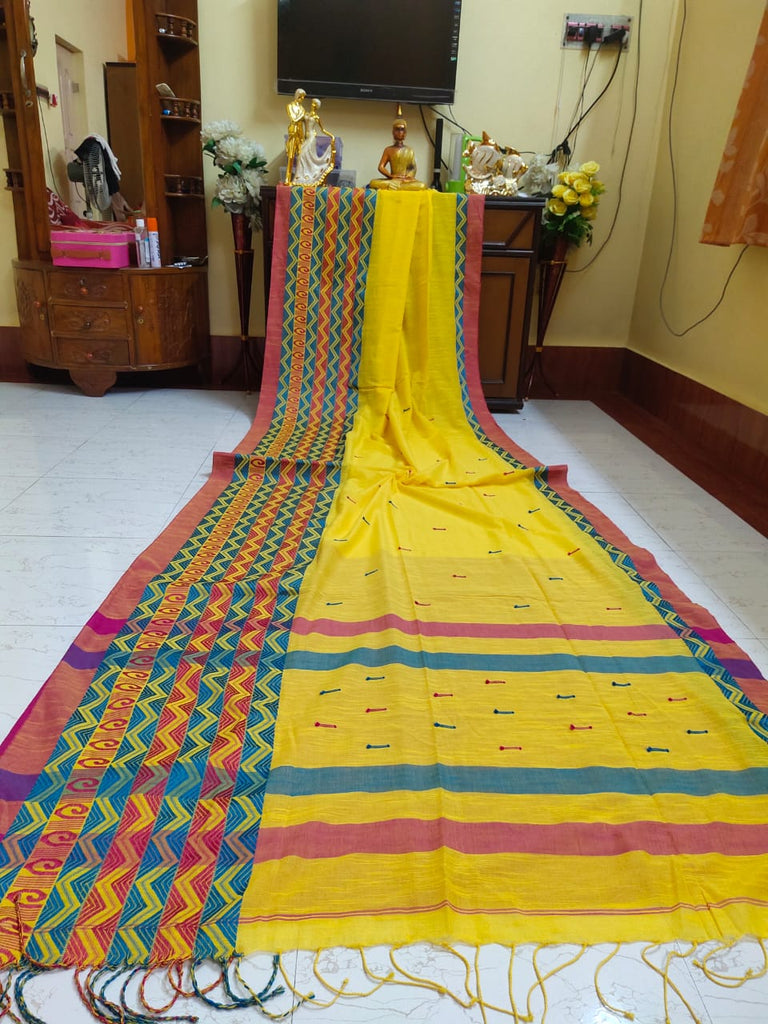 Yellow Body With MultiColour Work Border Pure Khadi Pure Cotton Begompuri Mosal Sarees