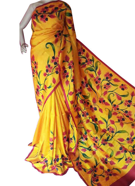 Yellow Hand Painted Pure Silk Mark Certified Bishnupuri Silk Sarees