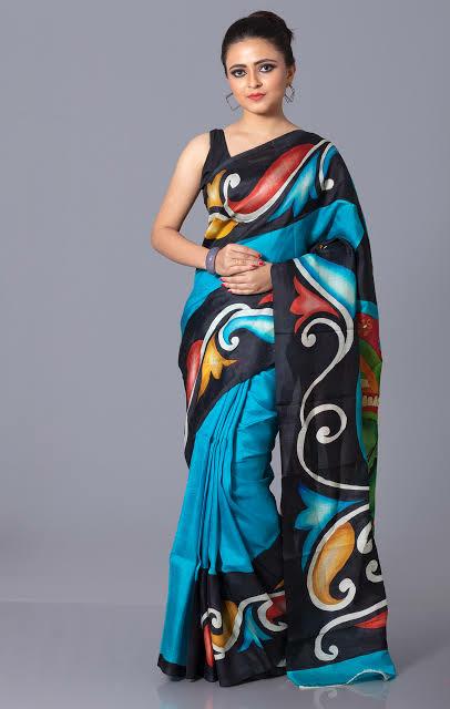 Ocean Blue Hand Painted Pure Silk Mark Certified Bishnupuri Silk Sarees