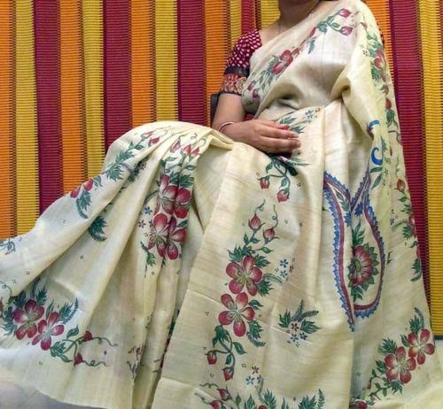 Offwhite Hand Painted Pure Silk Mark Certified Tussar Silk Sarees