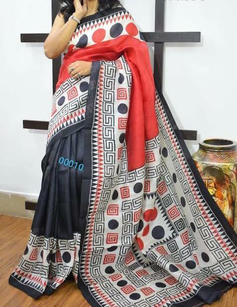 Red And Black block Printed Pure Silk Mark Certified Bishnupuri Silk Sarees