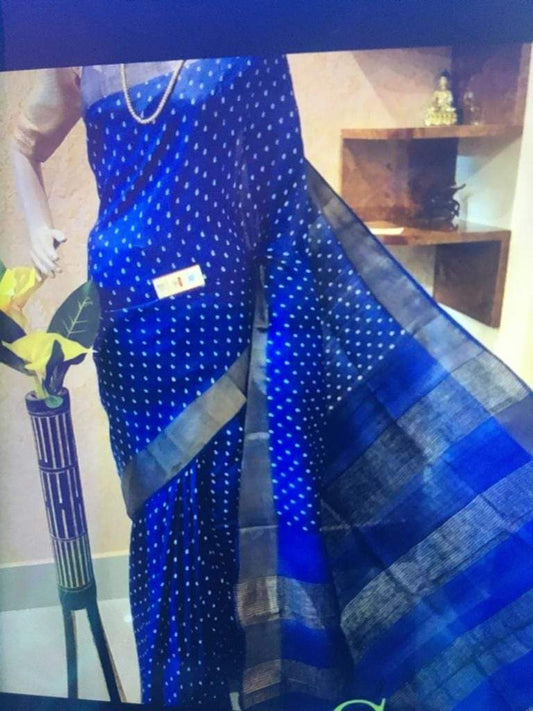 Royal Blue Block Printed Zari Border Pure Silk Mark Certified Tussar Silk Sarees - Dailybuyys
