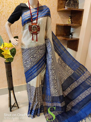 White And Blue Block Printed Zari Border Pure Silk Mark Certified Tussar Silk Sarees