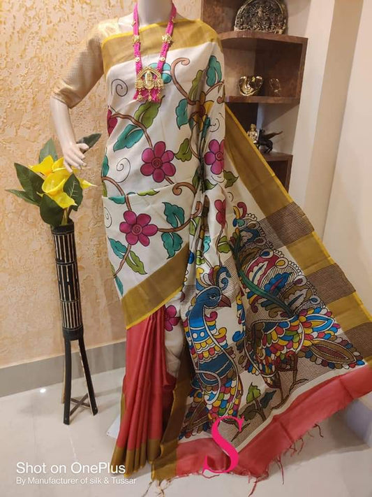 MultiColour Hand Painted Zari Border Pure Silk Mark Certified Tussar Silk Sarees - Dailybuyys