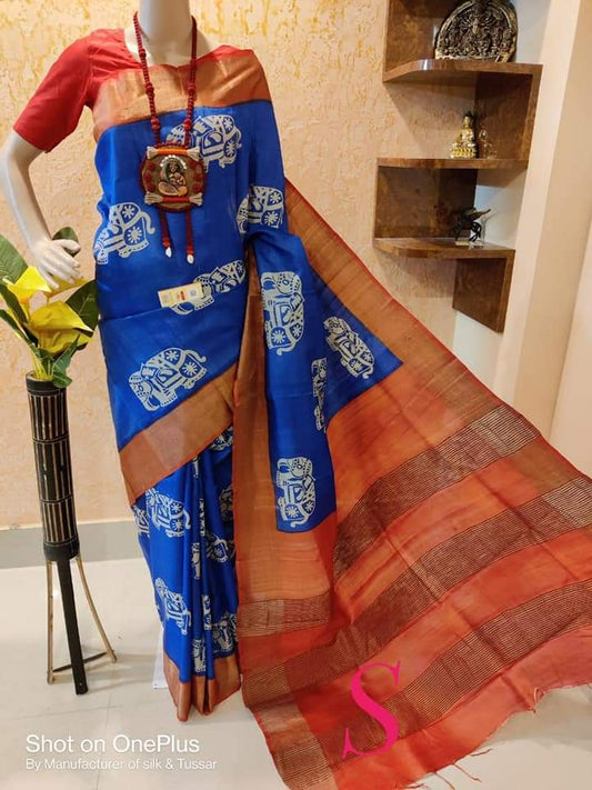 Royal Blue Block Printed  Zari Border Pure Silk Mark Certified Tussar Silk Sarees