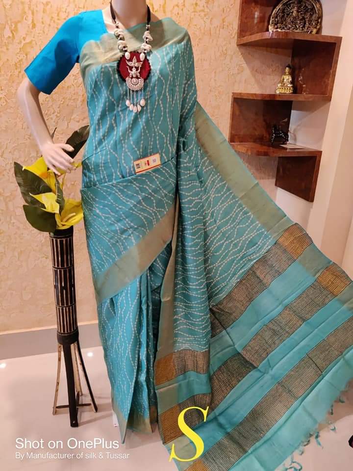 Teal Blue Block Printed Zari Border Pure Silk Mark Certified Tussar Silk Sarees