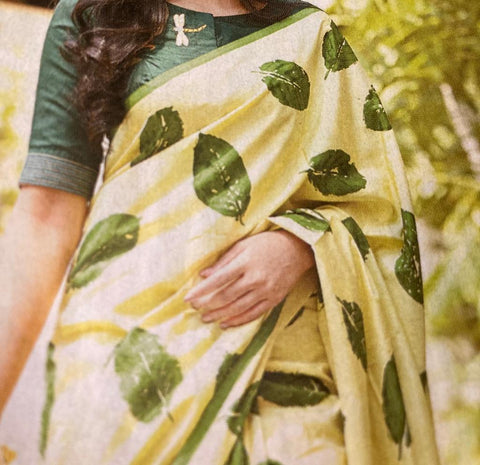 Beige Deep Green Hand Painted Pure Tuusar Silk Sarees