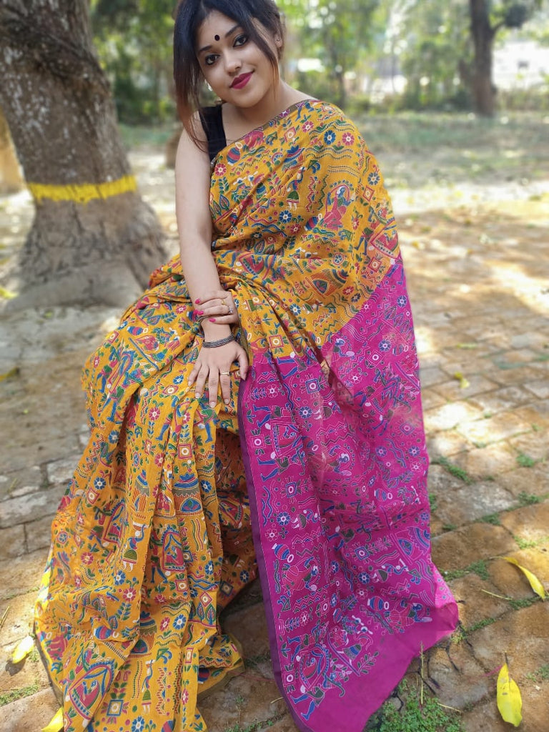 Yellow And Purple Madhubani Printed pure Handloom Pure Cotton Silk Sarees Get Extra 10% Discount on All Prepaid Transaction
