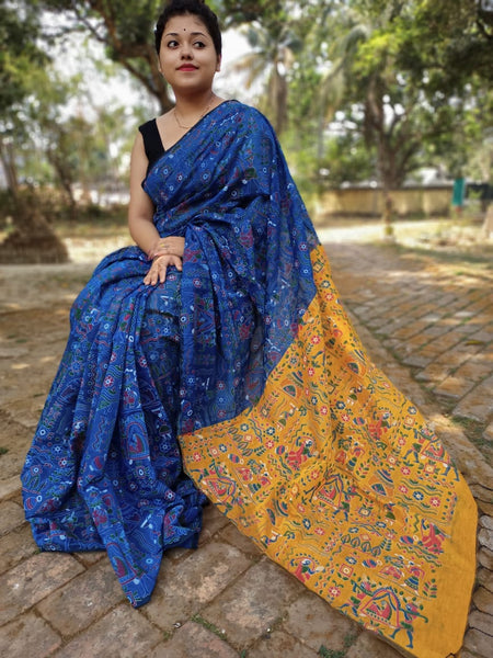Blue And Yellow Madhubani Printed Pure Handloom Pure Cotton Silk Saree –  Dailybuyys