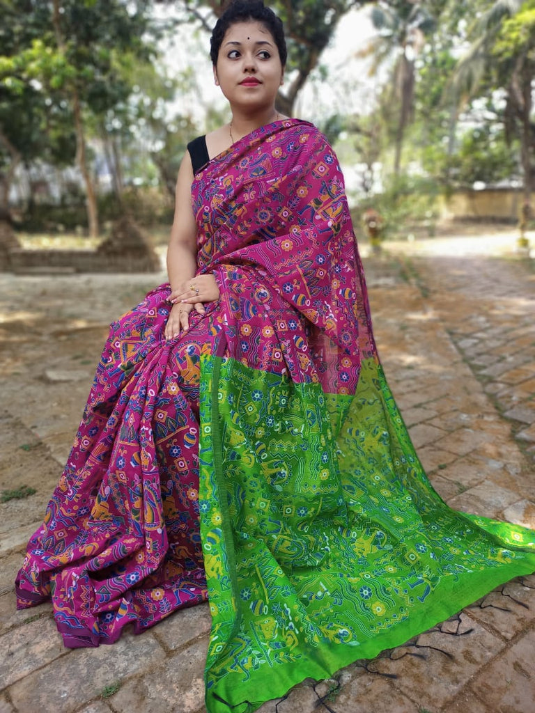 Rani And Green Madhubani Printed Pure Handloom Pure Cotton Silk Sarees
