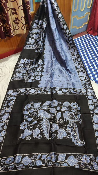 Beige Grey And Black Hand Painted Batik Pure Silk Mark Certified Murshidabad Silk Sarees