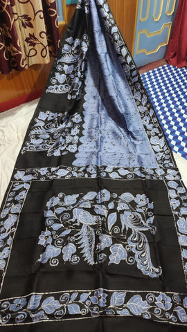 Beige Grey And Black Hand Painted Batik Pure Silk Mark Certified Murshidabad Silk Sarees Get Extra 10% Discount on All Prepaid Transaction