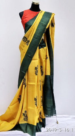 Yellow And Green Block Printed Pure Silk Mark Certified Murshidabad Silk Sarees Get Extra 10% Discount on All Prepaid Transaction