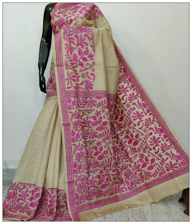 Off White And Crimson Hand Embroidery Kantha Stitch Sarees on Pure Gachi Pure Silk Mark Certified Tussar