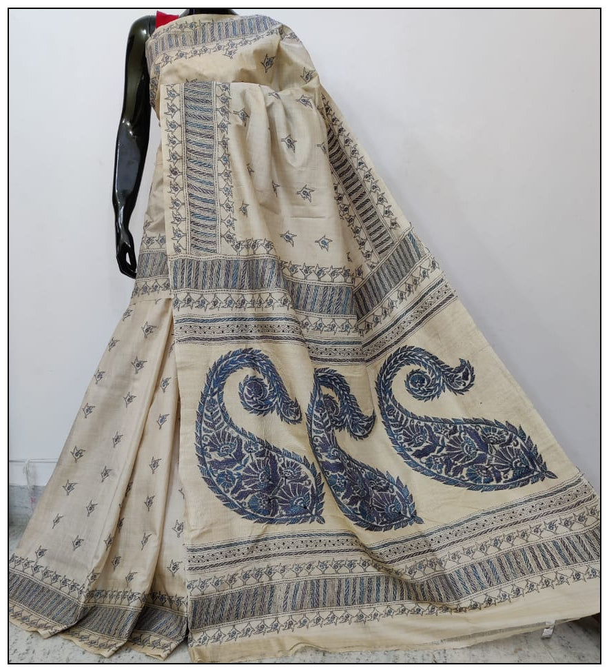 White And Blue Hand Embroidery Kantha Stitch Sarees on Pure Gachi Pure Silk Mark Certified Tussar