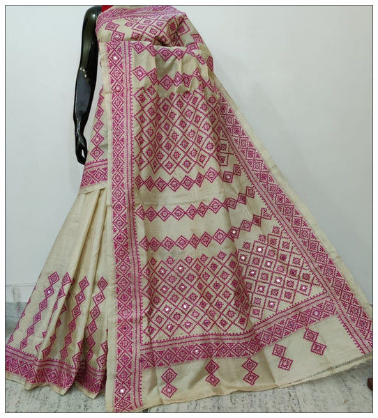 Off White And Purple Mirror Work Hand Embroidery Kantha Stitch Sarees on Pure Gachi Pure Silk Mark Certified Tussar