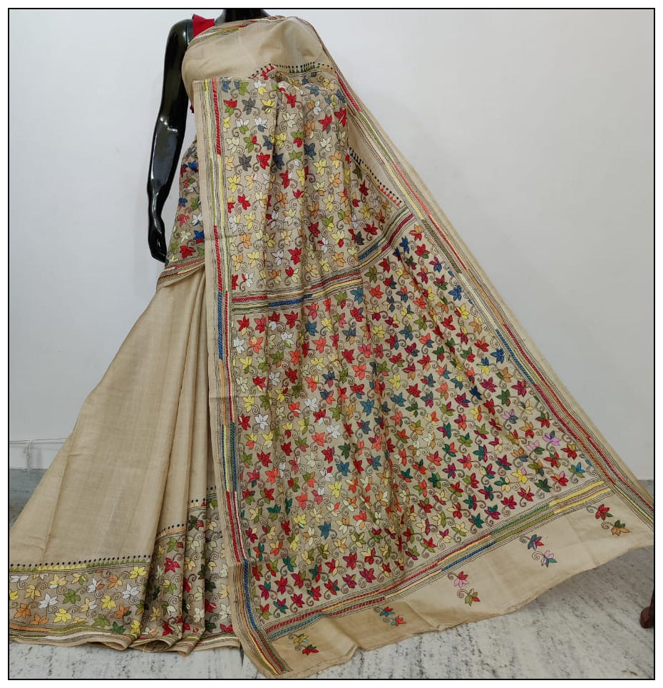 MultiColur Floral Hand Embroidery Kantha Stitch Sarees on Pure Gachi Pure Silk Mark Certified Tussar