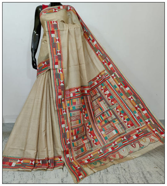 Beige Red Hand Embroidery Kantha Stitch Sarees on Pure Gachi Pure Silk Mark Certified Tussar