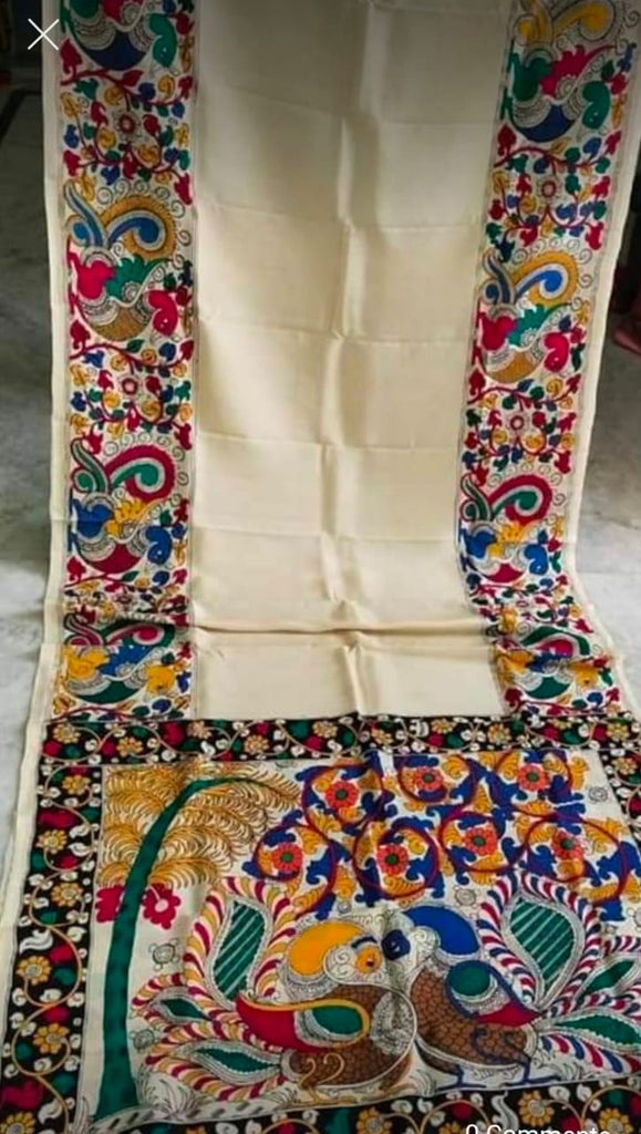 Off-White And MultiColourHand Painted Pure Silk Mark Certified Tussar Silk Kalamkari Sarees Get Extra 10% Discount on All Prepaid Transaction