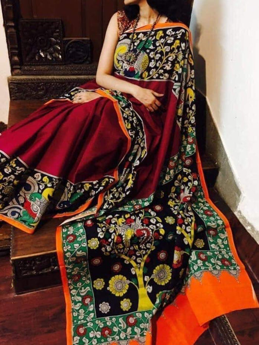 Maroon MultiColour Chennuri Silk Kalamkari Sarees