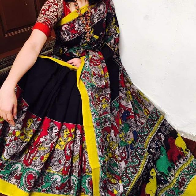 Black And Multicolour Chennuri Silk Kalamkari Sarees Get Extra 10% Discount on All Prepaid Transaction