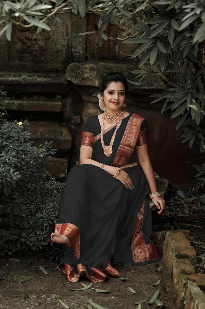 Radha Traditional Paithani Silk Sarees With Blouse Piece (Black & Red)