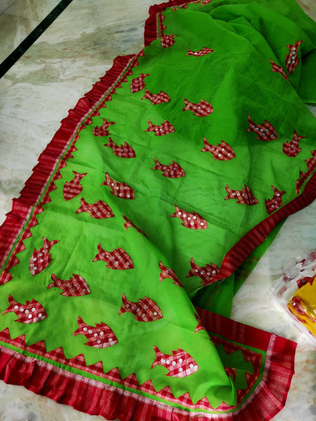 Red And Green Applique pure Handloom Pure Cotton Silk Sarees