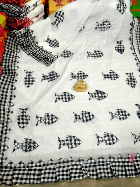 Black And White Handwoven Applique pure Handloom Pure Cotton Silk Sarees