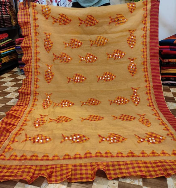 Gold Yellow Applique pure Handloom Pure Cotton Silk Sarees
