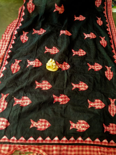 Black And Red Applique pure Handloom Pure Cotton Silk Sarees