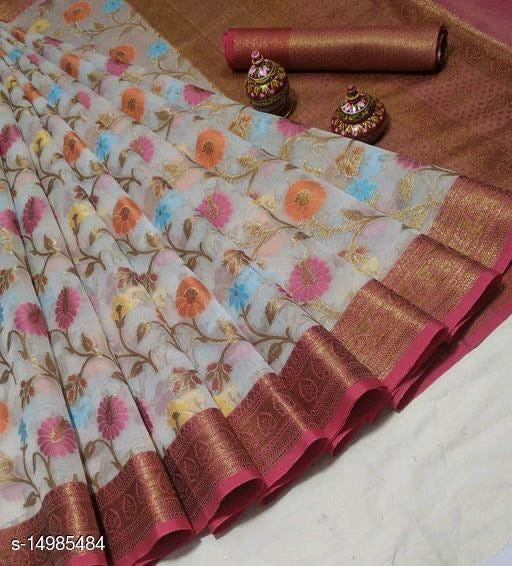 White And Purple Border Designer Organza Sarees