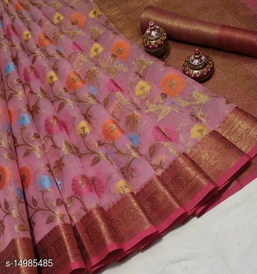 Beige Pink And Purple Border Designer Organza Sarees