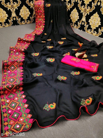 Black And MultiColour Embroidery Border Pure Chiffon Sarees