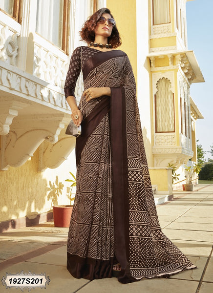 Chocolate Brown And White Designer Georgette Sarees
