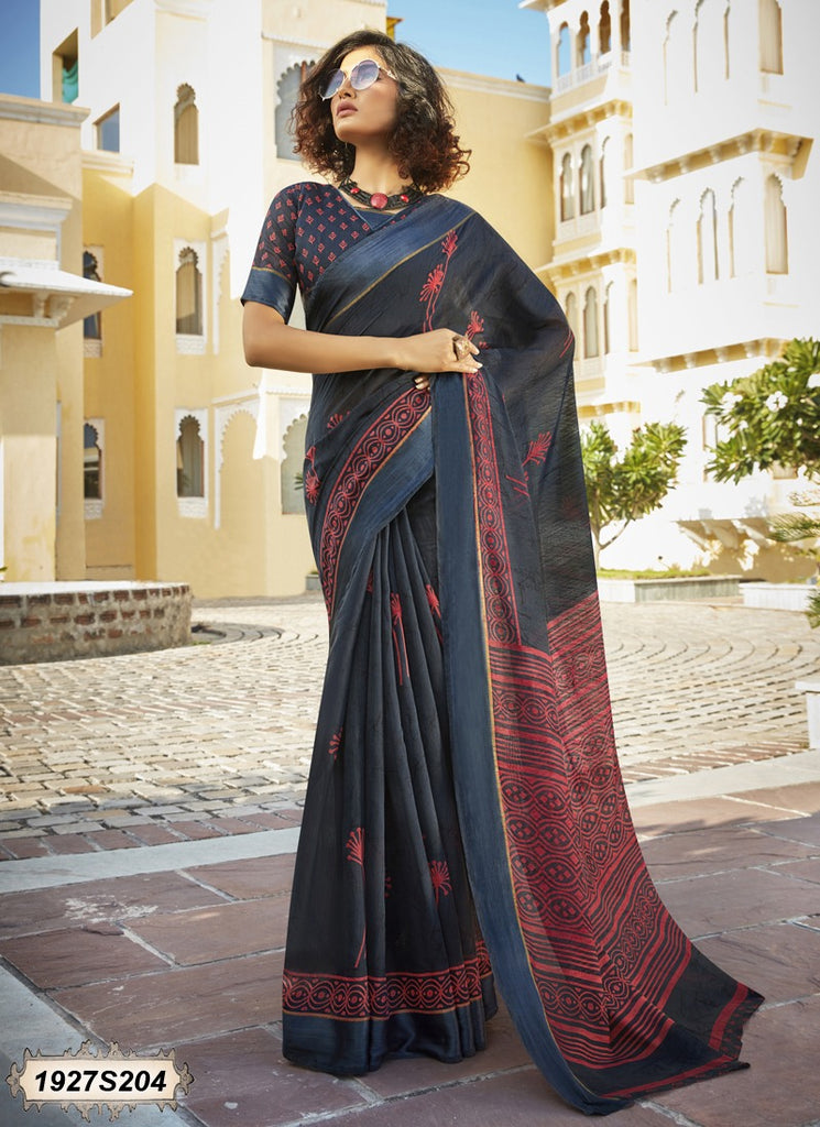 Navy Blue And Red Designer Georgette Sarees