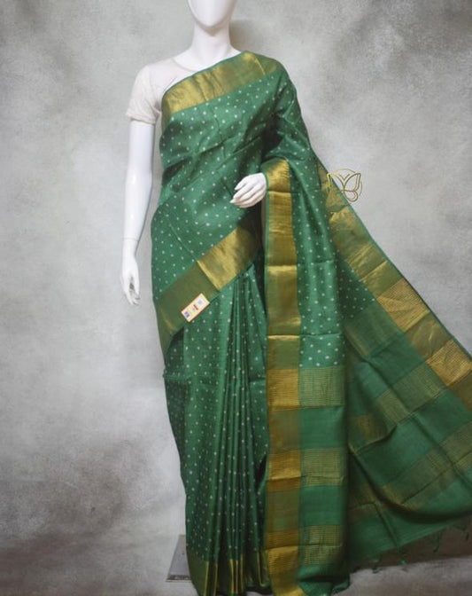 Basil Green Block Printed Zari Border Pure Silk Mark Certified Tussar Silk Sarees