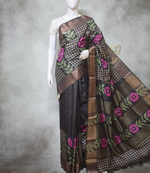 Black Hand Painted Zari Border Pure Silk Mark Certified Tussar Silk Sarees