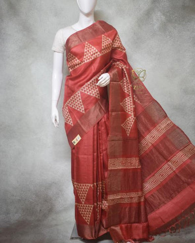 Scarlet Red Block Printed Zari Border Pure Silk Mark Certified Tussar Silk Sarees