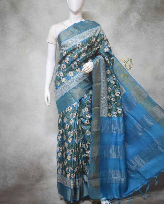 Blue Block Printed Zari Border Pure Silk Mark Certified Tussar Silk Sarees - Dailybuyys
